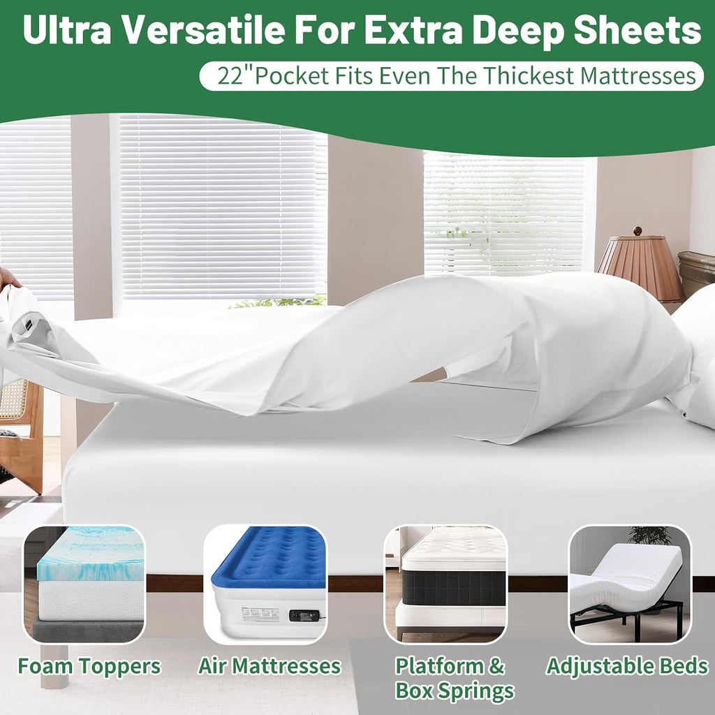 Extra Deep Pocket California King Sheets 18-24 Inch 100% Egyptian Cotton 1000 Thread Count Sateen Weave Soft Breathable 4 Pieces（California King,White）