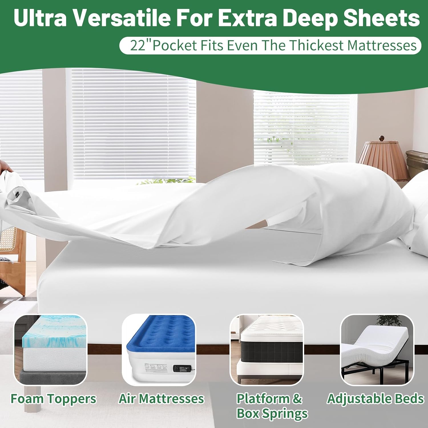 Extra Deep Pocket California King Sheets 18-24 Inch 100% Egyptian Cotton 1000 Thread Count Sateen Weave Soft Breathable 4 Pieces（California King,White）