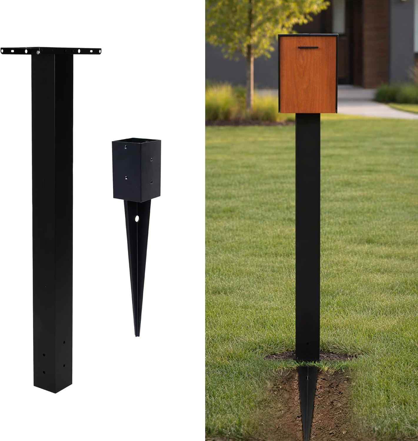 Ilyapa No Dig Mailbox Post for Outside, 43x4x4 inch Metal Post with 16 in. Ground Anchors & Two Universal Mailbox Mounting Bracket for Modern & Traditional Residential Mailboxes