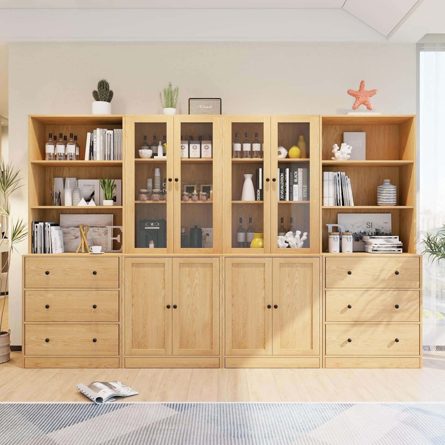 TUSY 71' H Bookshelf with Storage, 6-Tier Modern Bookshelves with 3 Large Drawer, Display Bookcase with Glass Doors, Modern 5-Tier Curio Cabinet for Home Office, Dining Room (Wood, AB)