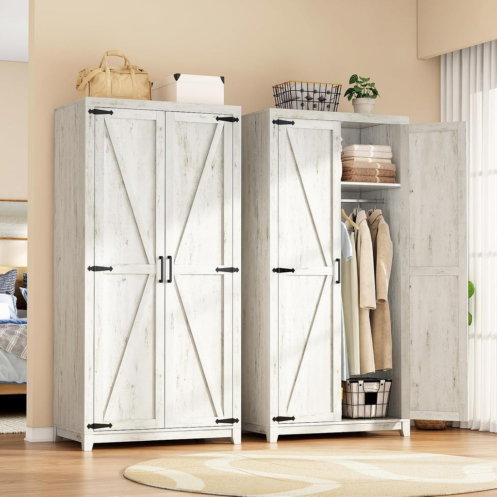 LUXOAK 70' Large Armoire Wardrobe Closet Set of 2 with Hanging Rod, Farmhouse Clothing Storage Cabinet with 2 Barn Doors, Wooden Tall Bedroom Armoires with Shelf, Distressed White