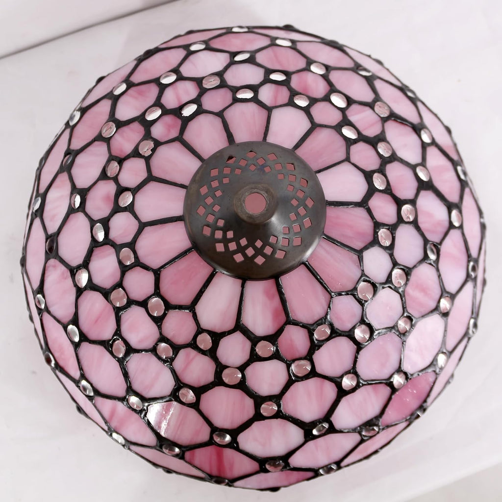WERFACTORY Tiffany Lamp Pink Stained Glass Bead Table Lamp Desk Bedside Reading Light 12X12X18 Inches Deco Bedroom Living Room Home Office S005 Series