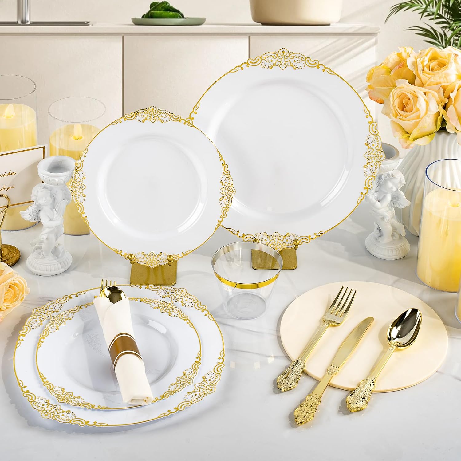 Bestluck 700PCS Gold Plastic Plates for 100 Guests, Disposable Dinnerware Sets Include 200 Gold Rim Plastic Plates, 100 Silverwares, 100 Cups, and 100 Pre Rolled Napkins for Party, Wedding, Graduation