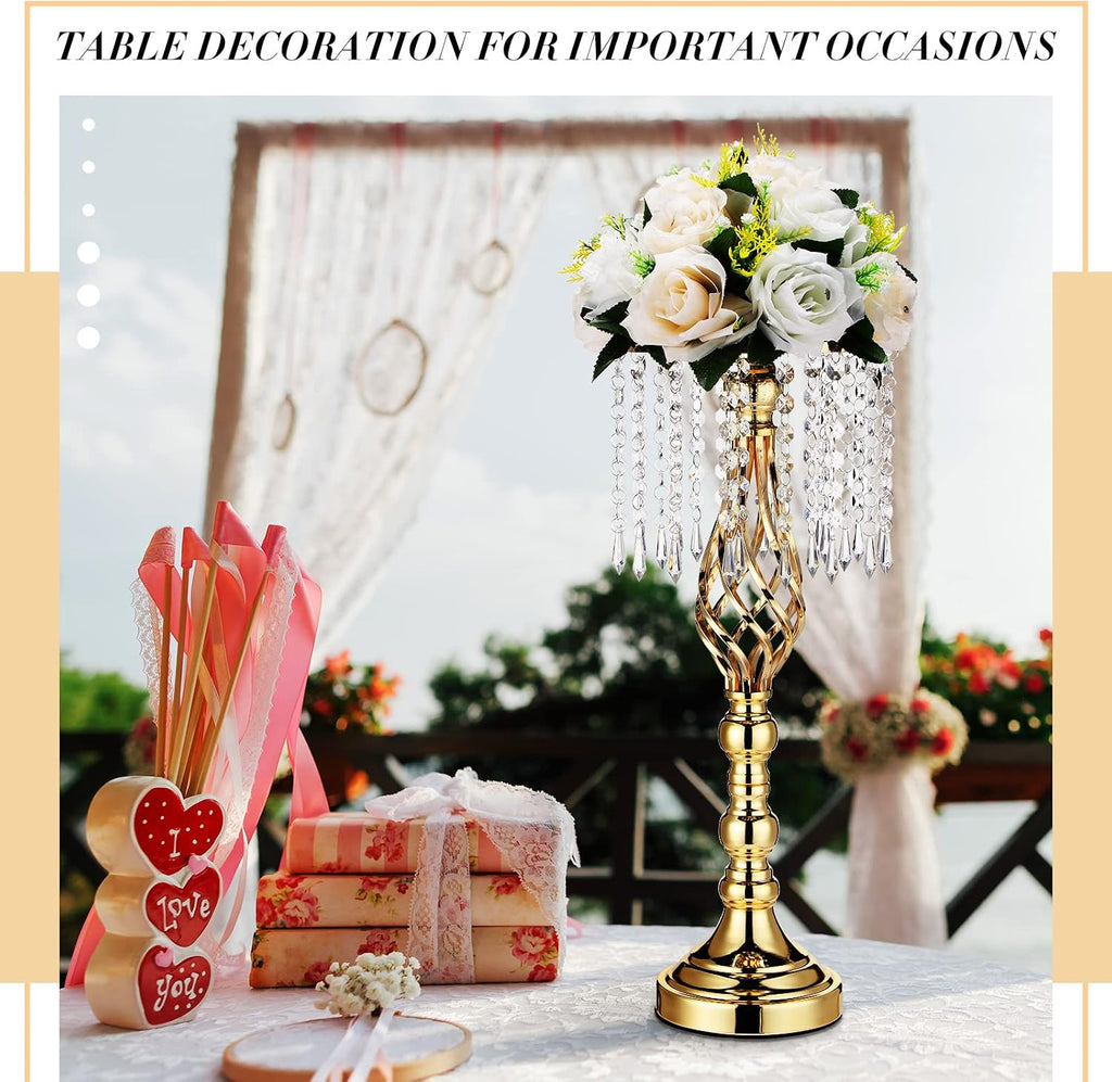 Sieral 12 Pcs Gold Wedding Centerpieces for Table Gold Crystal Flower Stand 19.3 Inch Tall Vase with Chandelier Metal Flower Holders for Wedding Bridal Shower Party Reception Dinner Tabletop Decor