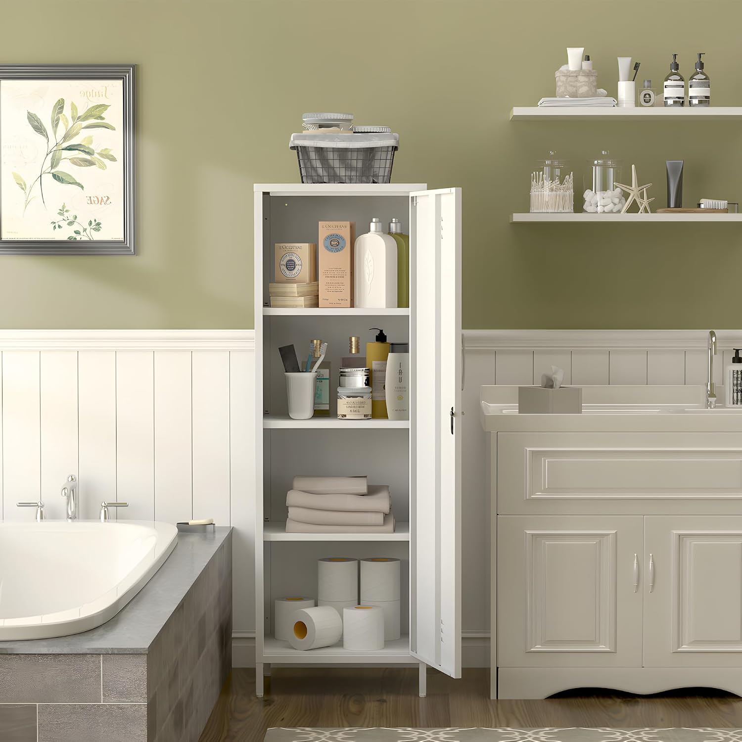 Narrow Pantry Cabinet Metal Skinny Cabinet Lockable Storage Cabinet with Door and Removable Shelves for Kitchen Pantry (White)