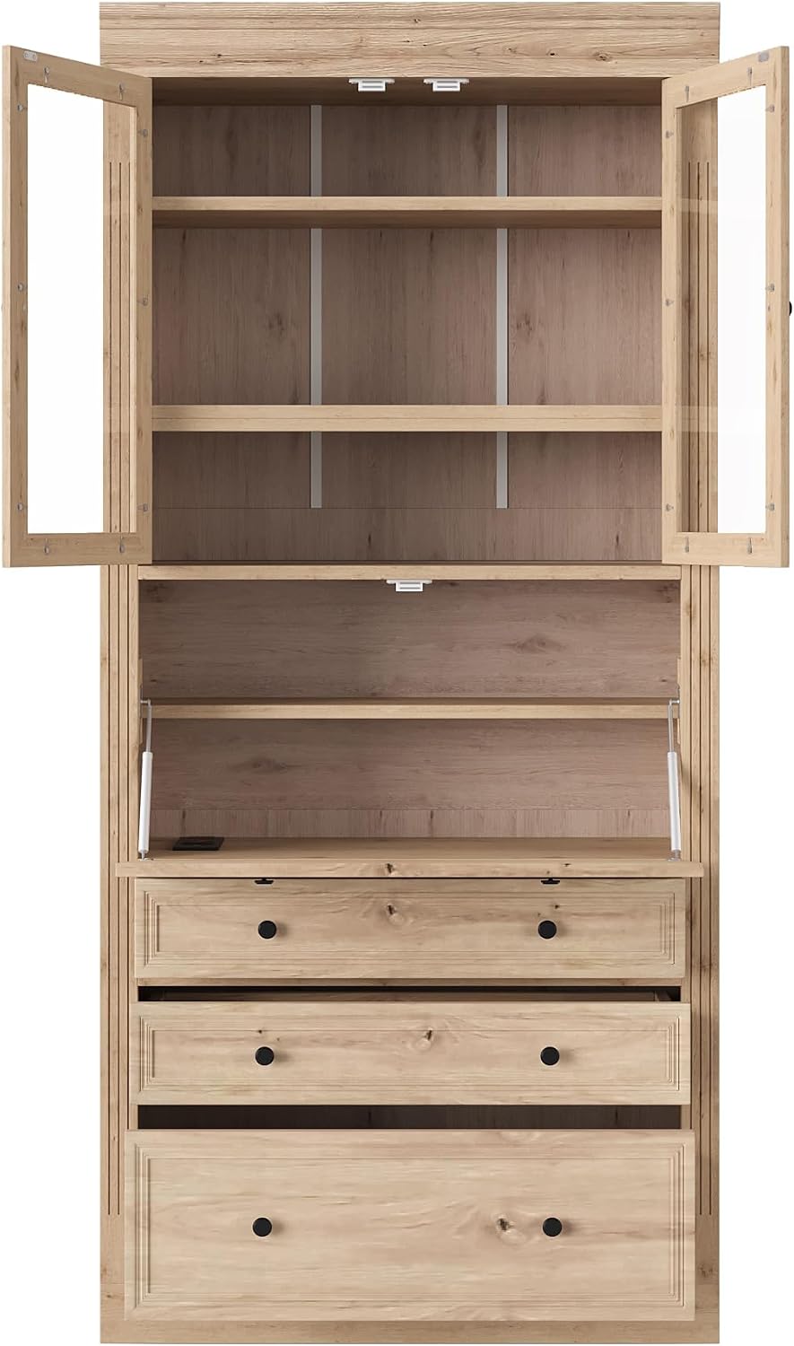 78 inch Tall Kitchen Pantry Cabinet with 3 Drawers and Adjustable Shelves, Wood Storage Cabinet with Drop-Down Surface and Glass Doors for Dining Room and Living Room (Natural//3)