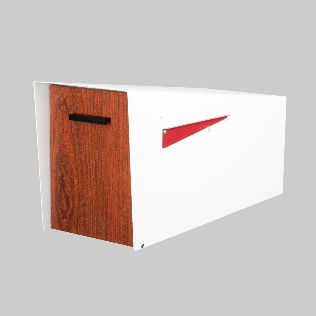 Ilyapa Modern Mailbox with Angle Design Post Mount - White Powder Coated Metal Mailbox with Wood Door - Waterproof for Parcels, Magnetic Close Door