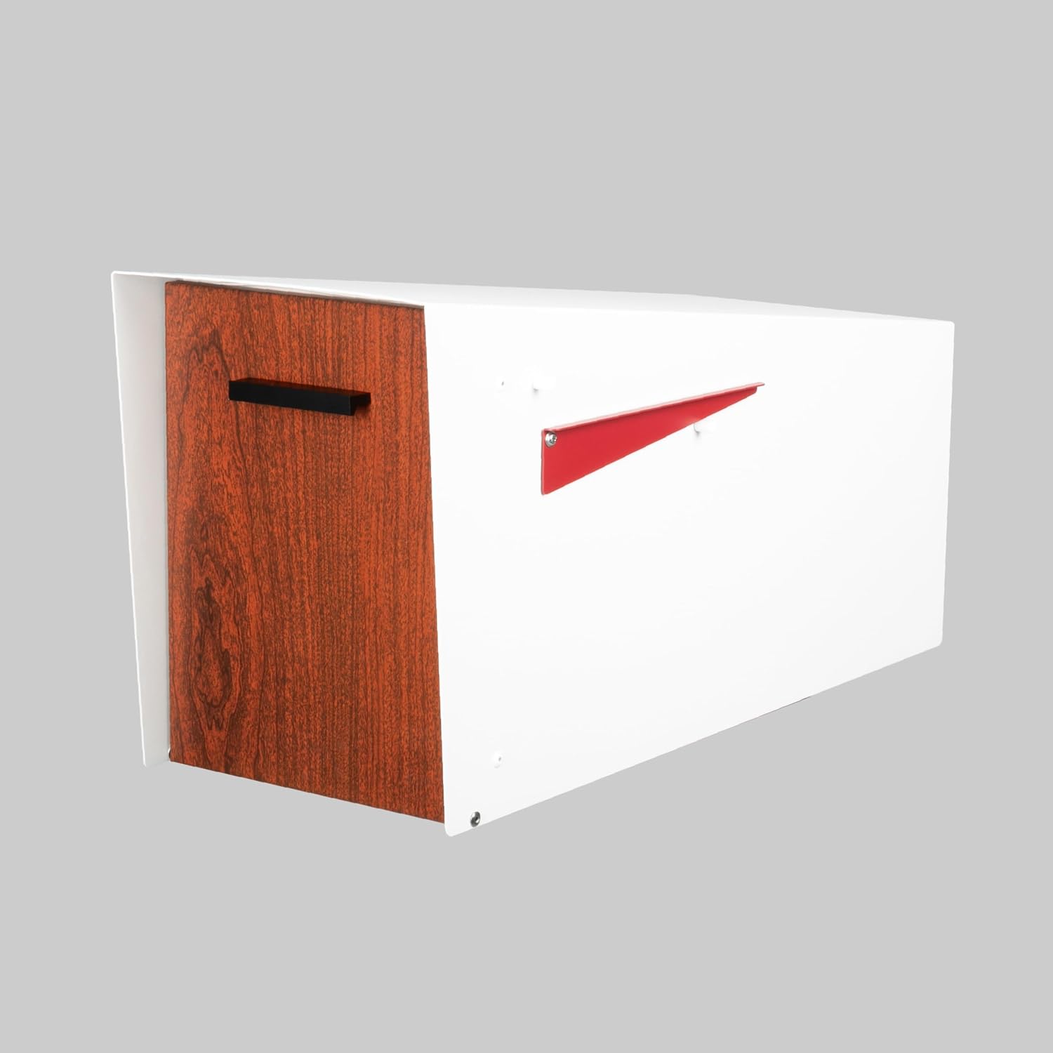 Ilyapa Modern Mailbox with Angle Design Post Mount - White Powder Coated Metal Mailbox with Wood Door - Waterproof for Parcels, Magnetic Close Door