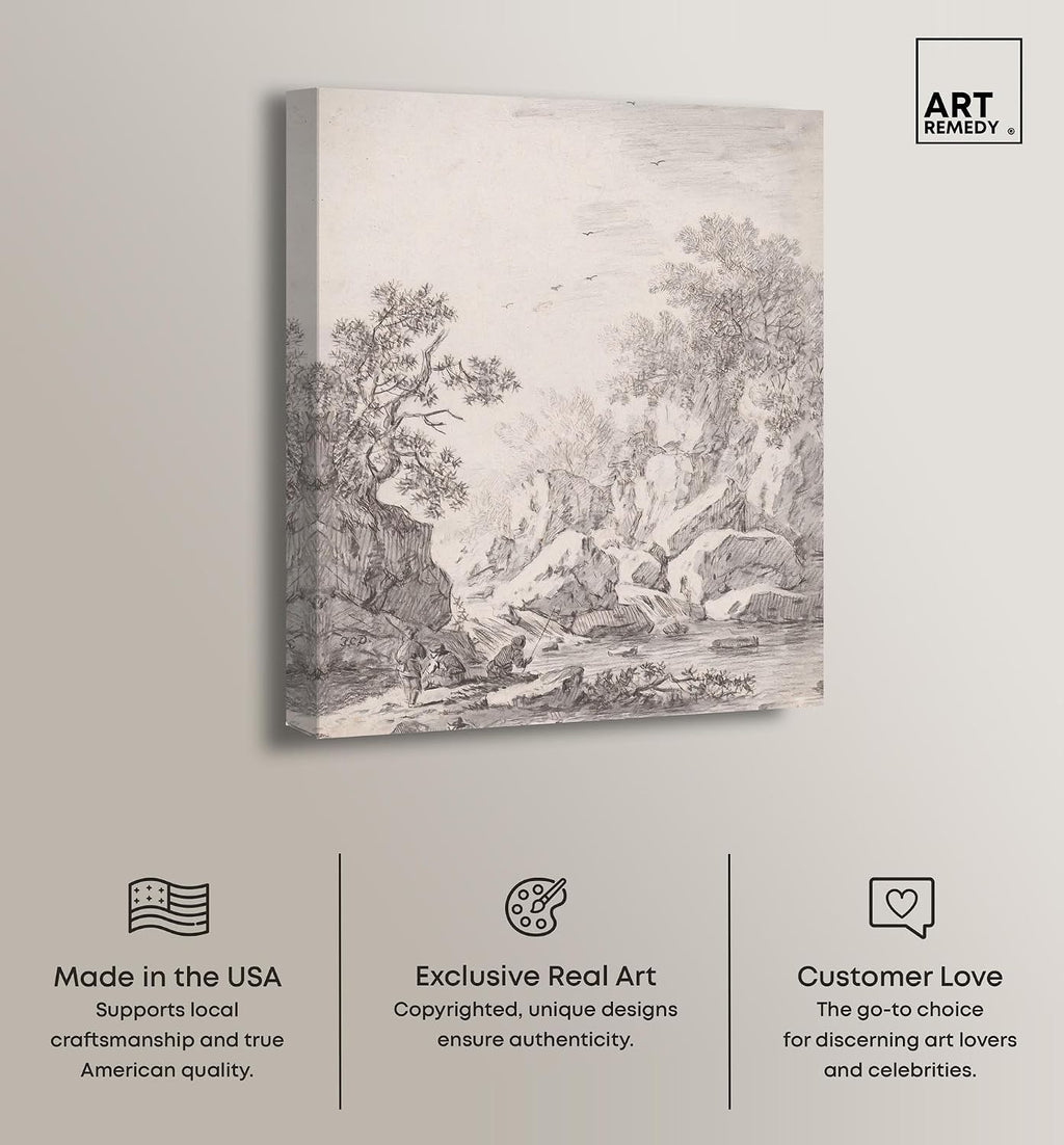 Art Remedy A Waterfall by Rock Cliffs 1750s Canvas Classic Sketches, Gallery Wrapped, 20' x 24'