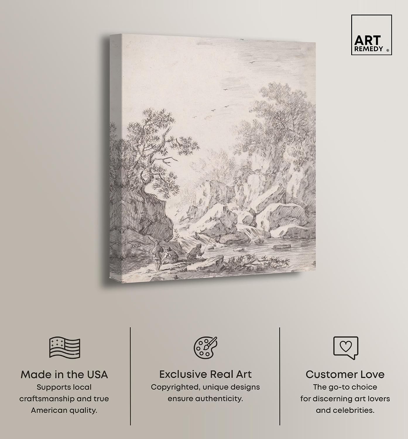 Art Remedy A Waterfall by Rock Cliffs 1750s Canvas Classic Sketches, Gallery Wrapped, 24' x 30'