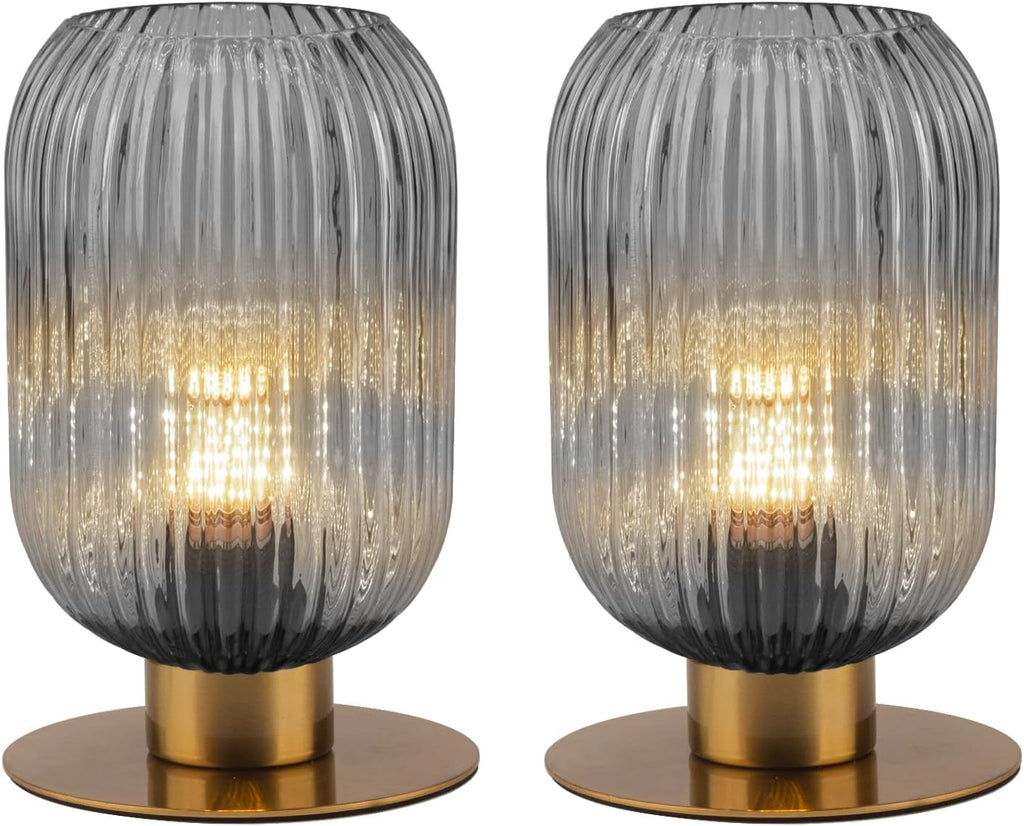 Bedroom Small Lamps Set of 2, Smoke Glass Table Lamp Living Room Side Table Lamp, Mid Century Modern Gray Bedside Lamp with On/Off Switch, Vintage Plug in Gold Lamps for Nightstand
