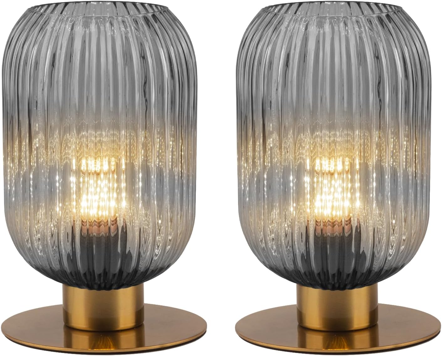 Bedroom Small Lamps Set of 2, Smoke Glass Table Lamp Living Room Side Table Lamp, Mid Century Modern Gray Bedside Lamp with On/Off Switch, Vintage Plug in Gold Lamps for Nightstand