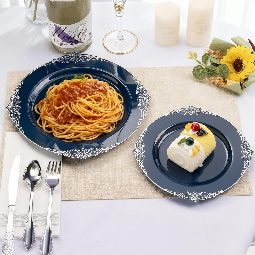 Bestluck 700PCS Navy Blue Plastic Plates for 100 Guests, Disposable Plates with Silver Trim include 100 Dinner plates, 100 Dessert Plates, 100 Gold Silverware, Cups and Napkins for Party, Graduation