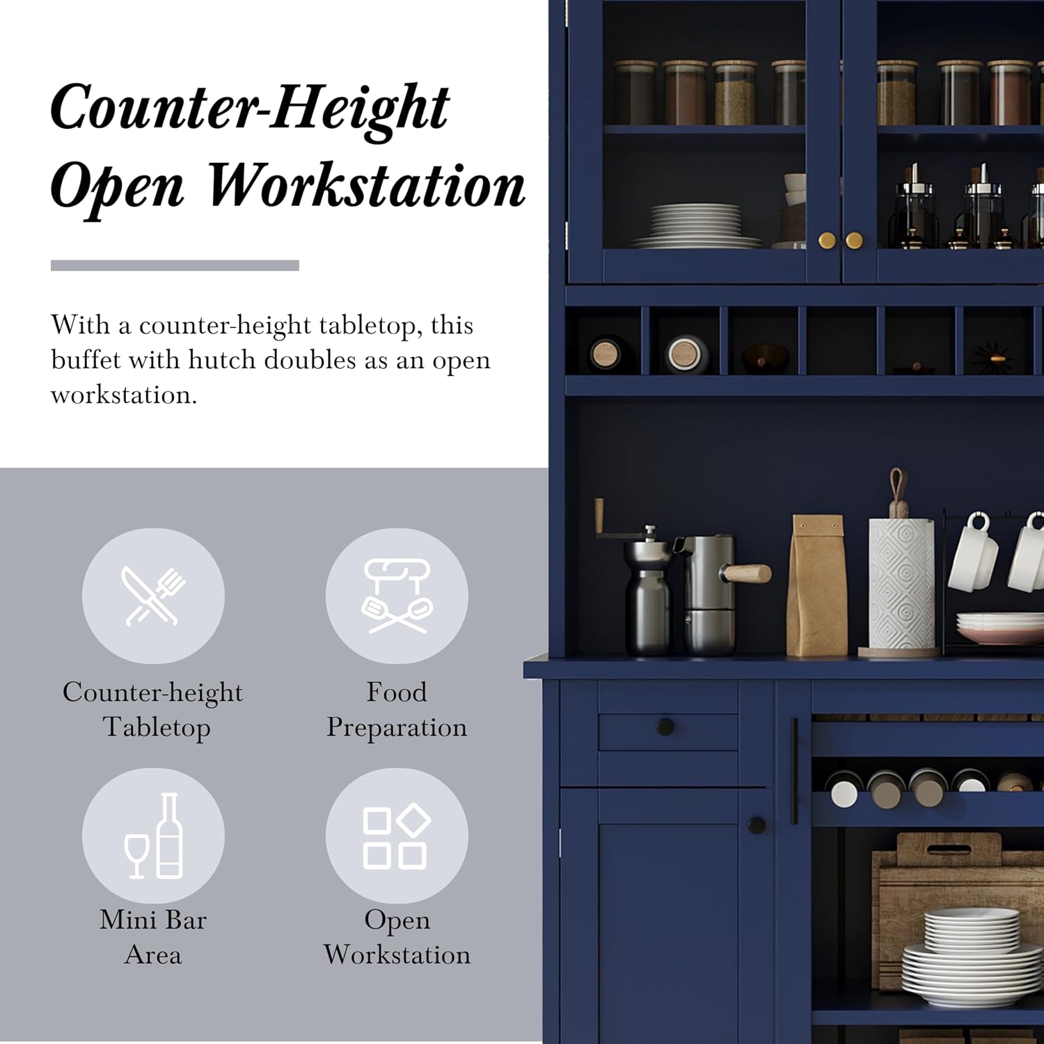 Modern 74.8 inch Tall Kitchen Pantry, Freestanding Buffet with Hutch, Kitchen Pantry Storage Cabinet with Wine Rack and Adjustable Shelves for Dining Room (Blue//1)