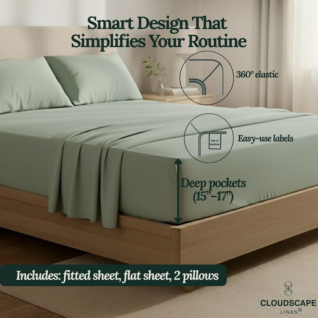 CLOUDSCAPE 100% Egyptian Cotton Sheets Full Size, 4 Pieces Breathable and Naturally Cooling Bedding Set, Long-Staple Cotton for Ultra Soft, Deep Pocket Fitted up to 16' Full Sheet, Mineral