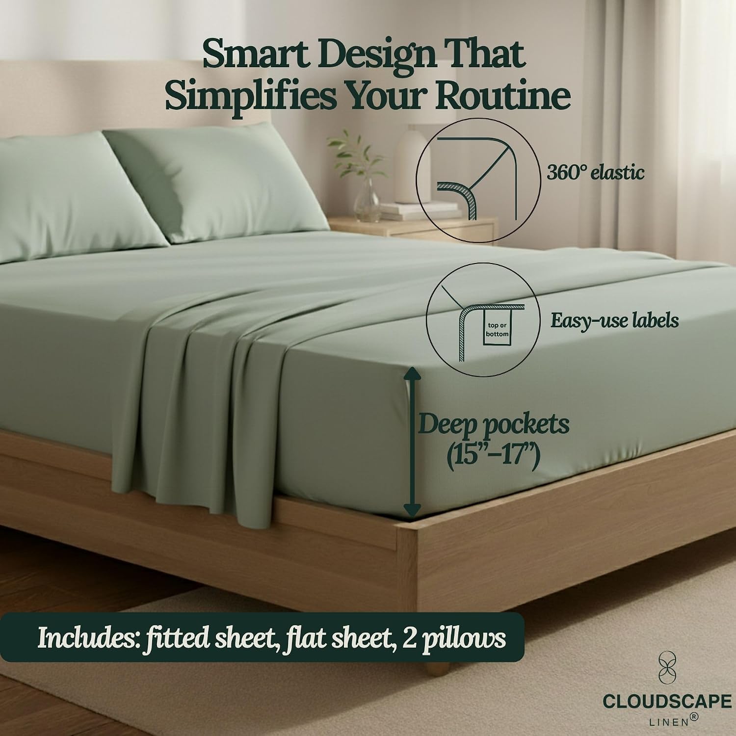 CLOUDSCAPE 100% Egyptian Cotton Sheets Full Size, 4 Pieces Breathable and Naturally Cooling Bedding Set, Long-Staple Cotton for Ultra Soft, Deep Pocket Fitted up to 16' Full Sheet, Mineral