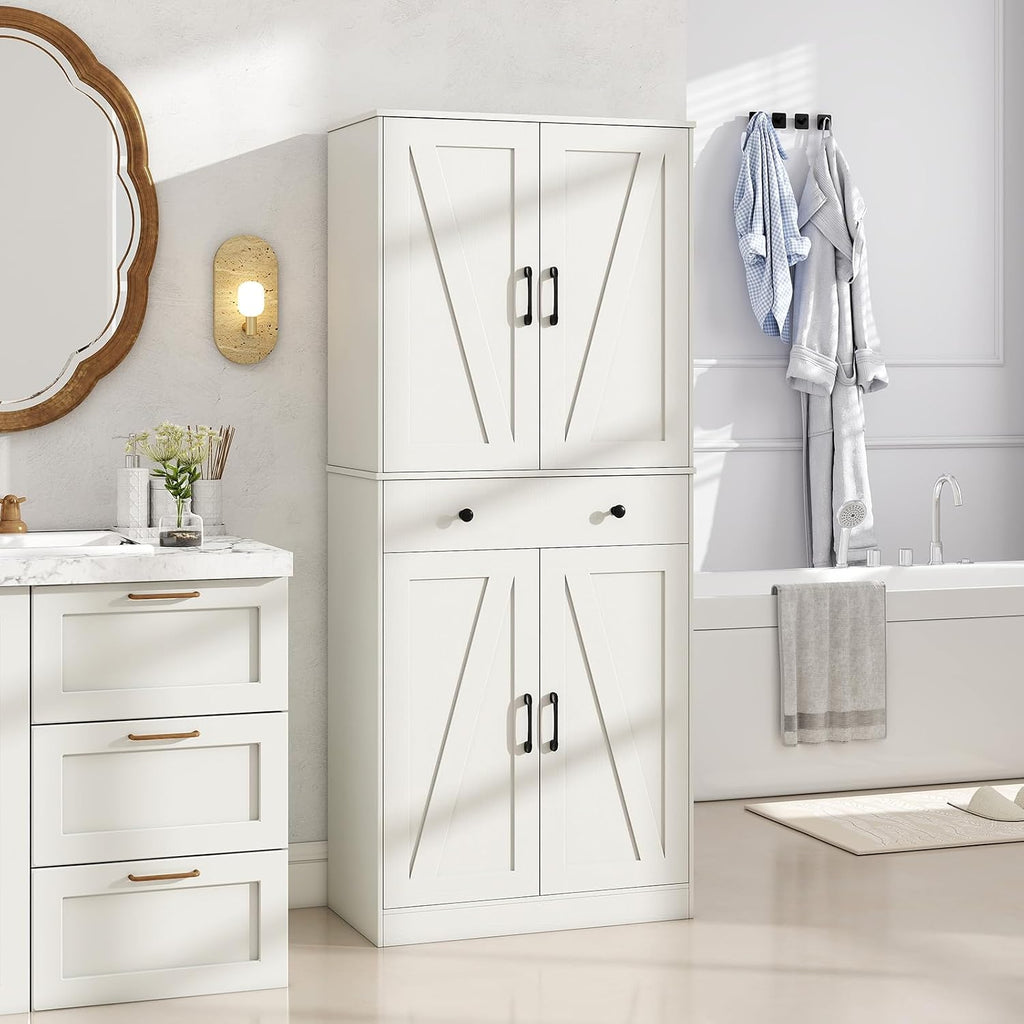 Giantex 72' Tall Kitchen Pantry Cabinet, Modern Farmhouse Pantry Storage Cabinet with 4 Barn Doors, Adjustable Shelves & Drawer, Buffet Cupboard with Living Room, Dining Room, Bathroom, White
