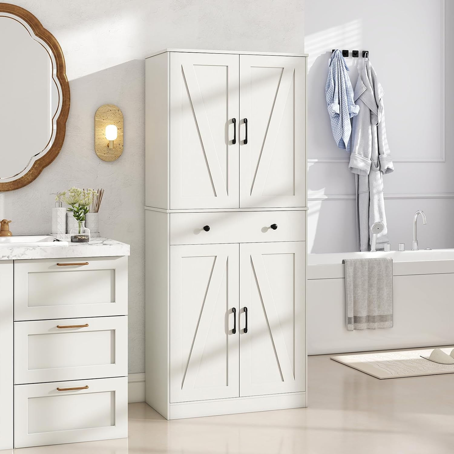 Giantex 72' Tall Kitchen Pantry Cabinet, Modern Farmhouse Pantry Storage Cabinet with 4 Barn Doors, Adjustable Shelves & Drawer, Buffet Cupboard with Living Room, Dining Room, Bathroom, White