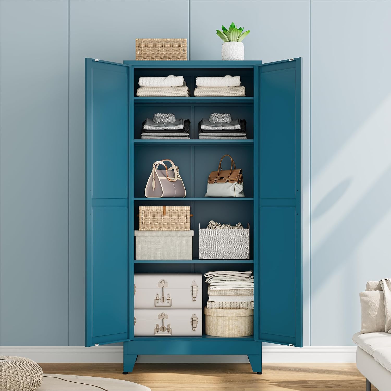 Bevivog Metal Kitchen Pantry Cupboard Cabinet, 71' Blue Storage Cabinets with 2 Doors and 4 Adjustable Shelves for Kitchen/Home Office/Dining Room/Living Space