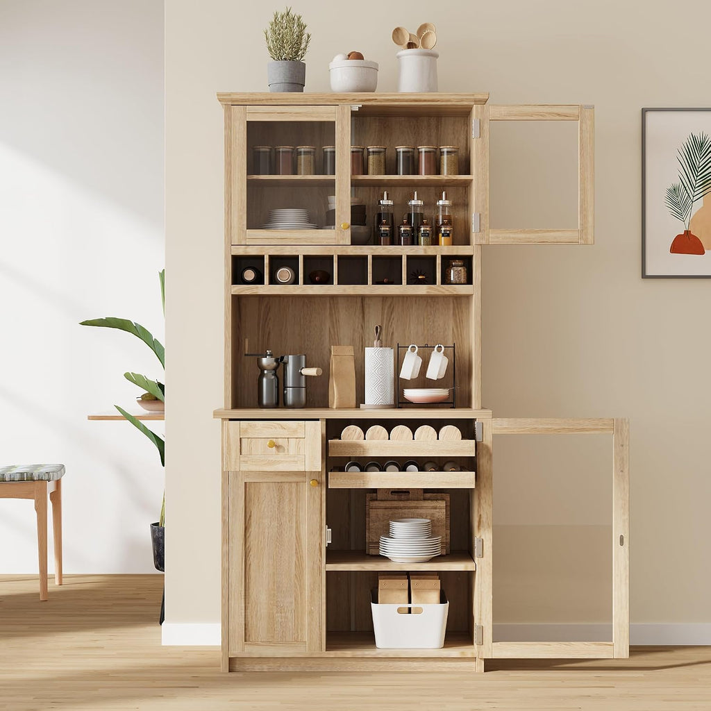 Modern 74.8 inch Tall Kitchen Pantry, Freestanding Buffet with Hutch, Kitchen Pantry Storage Cabinet with Wine Rack and Adjustable Shelves for Dining Room (Natural//1)