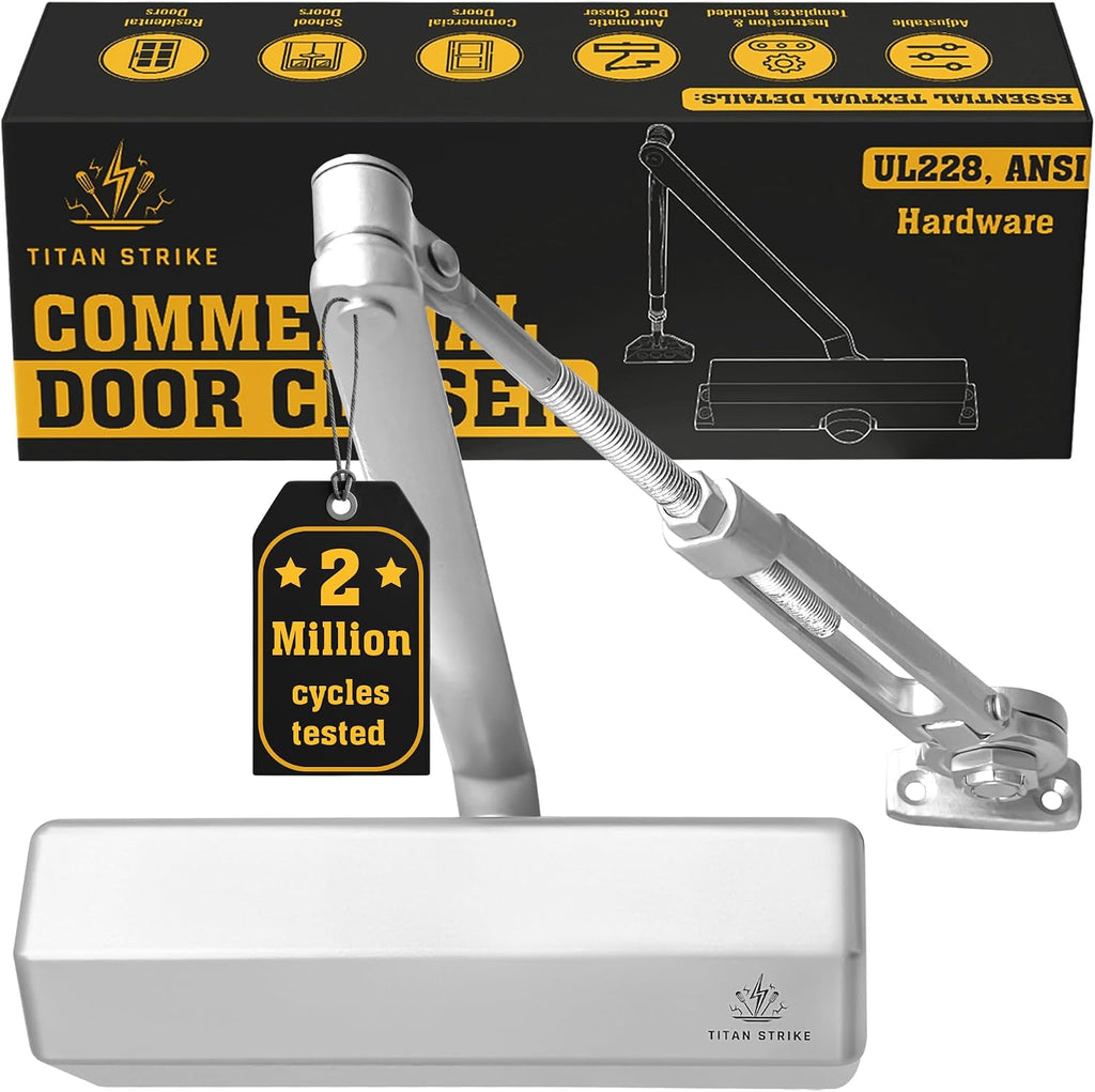 Heavy Duty Automatic Door Closer with Hold Open, Commercial Indoor/Outdoor Adjustable Door Closure, ANSI Grade 1, UL Certified, ADA Compliant, (44-330lb, 30-60in) – Silver
