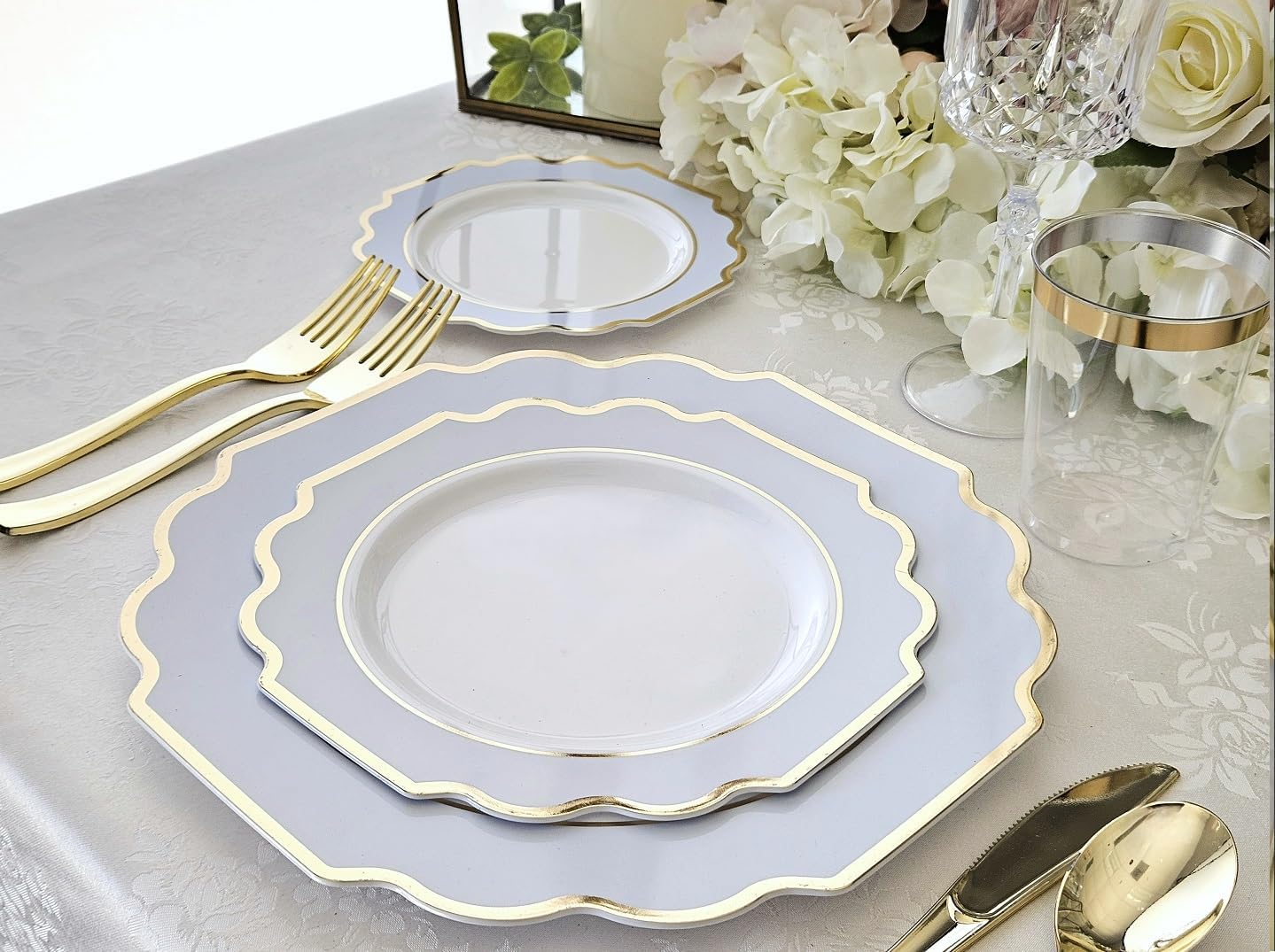 ' OCCASIONS ' 240 Plates Pack (120 Guests) Heavyweight Wedding Party Disposable Plastic Plates Set -120 x 10.5'' Dinner + 120 x 8'' Salad/Dessert Plate (Imperial in White/Blue & Gold)