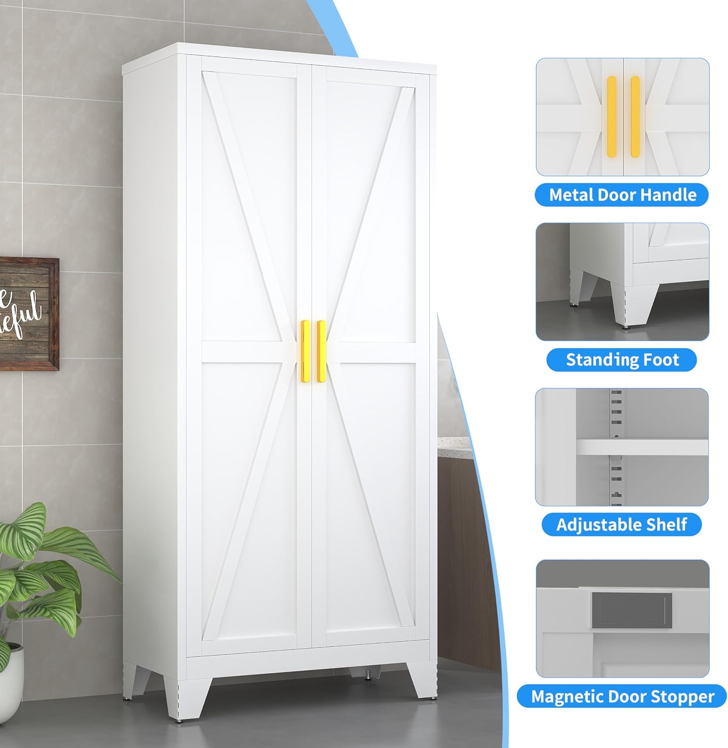 61' Tall Pantry Cabinet, White Metal Pantry Storage Cabinet, Kitchen Pantry Storage Cabinets with 2 Door and 3 Adjustable Shelves (White, 61' Modern)