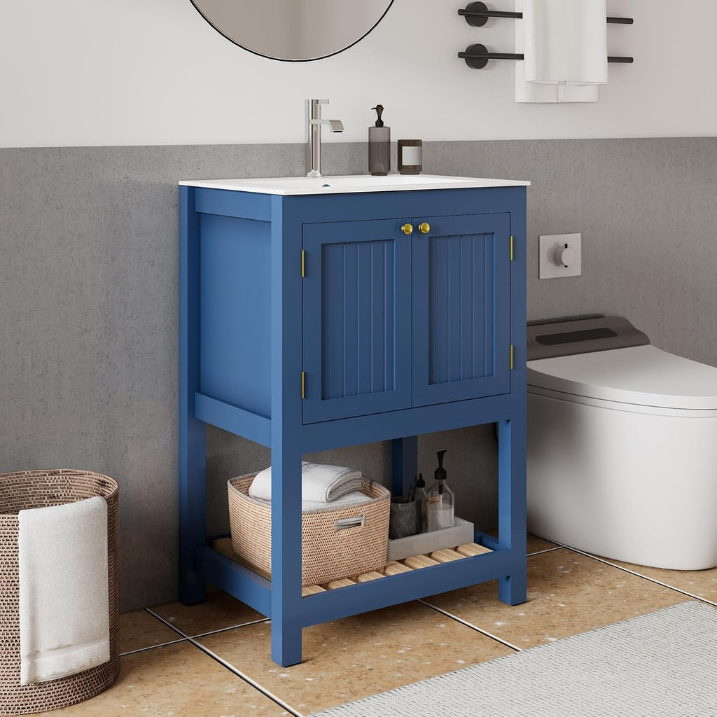 24 Inch Small Bathroom Vanity with Sink, Modern Bathroom Sink Cabinet with Open Shelf, Ceramic Basin, Blue