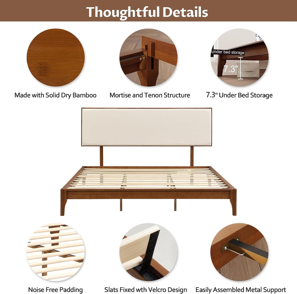 Merax King Size Bamboo Platform Bed, Mid-Century Modern Bed Frame with Upholstered Adjustable Headboard, Wood Slat Support, No Box Spring Needed, Easy Tool-Free Assembly, Brown+Beige