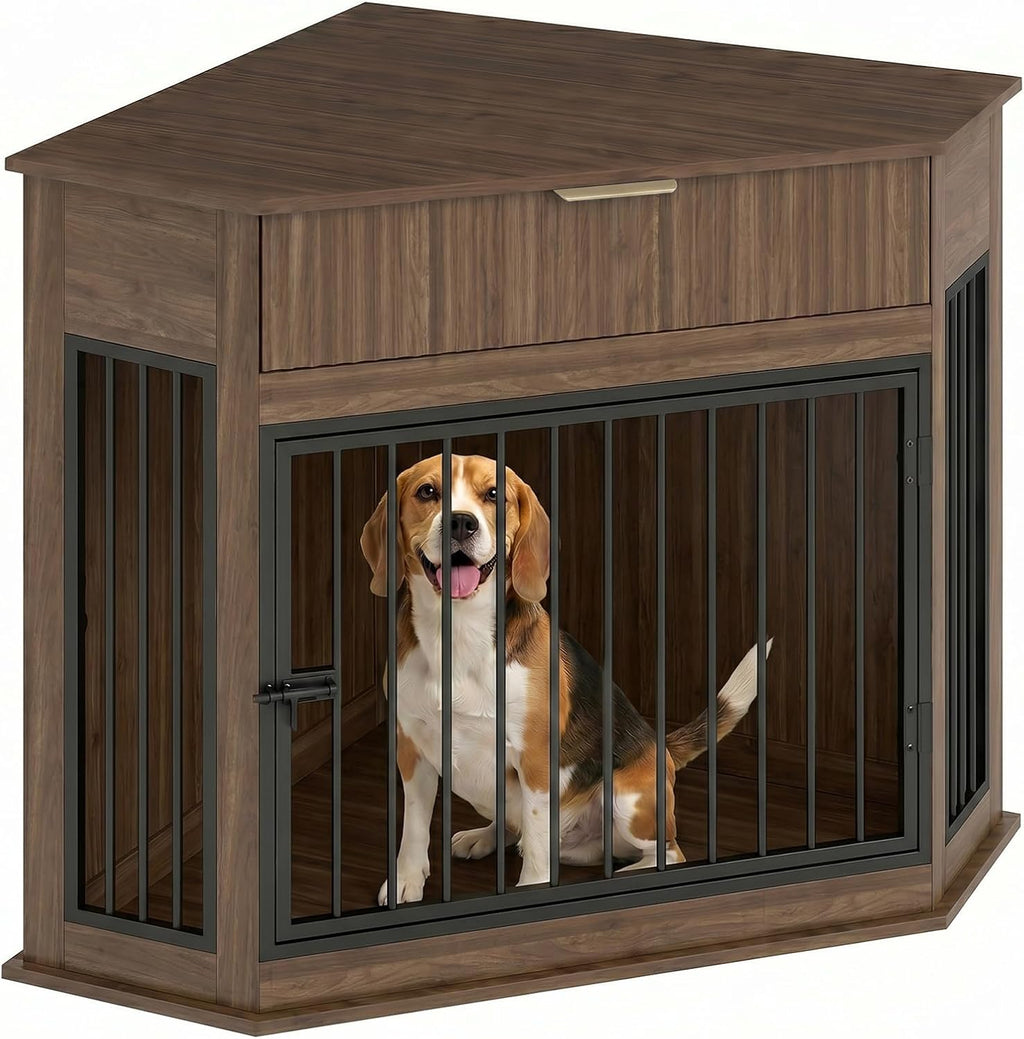 Yafylly Corner Dog Crate Furniture, 44.6' Furniture Style Corner Dog Crate with Fluted Drawer, Wooden Dog Kennel End Table for Small Medium Dogs, Dog Cage TV Stand, Brown