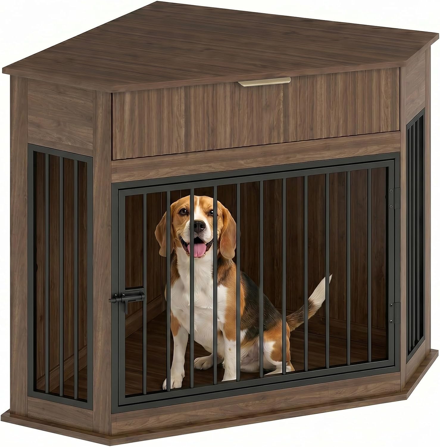 Yafylly Corner Dog Crate Furniture, 44.6' Furniture Style Corner Dog Crate with Fluted Drawer, Wooden Dog Kennel End Table for Small Medium Dogs, Dog Cage TV Stand, Brown