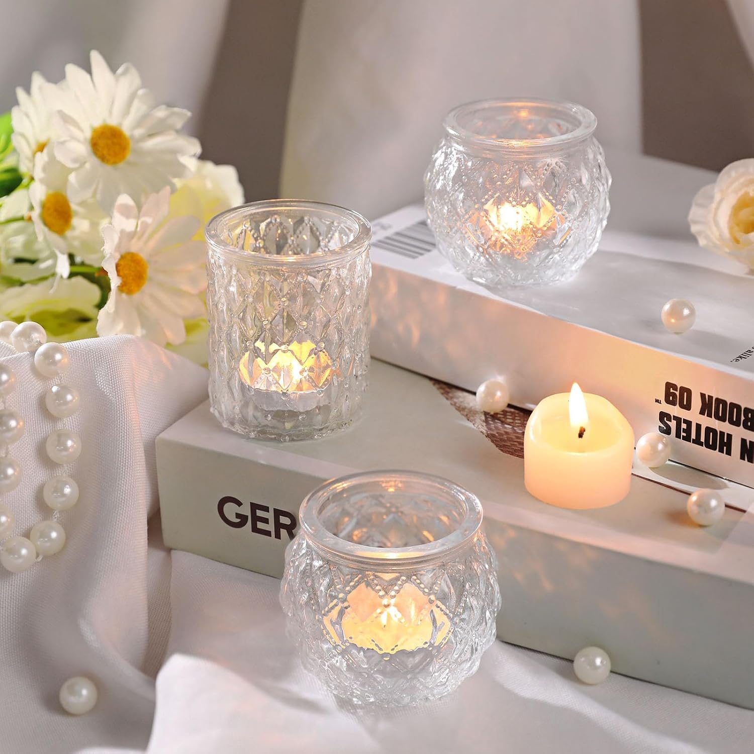 DARJEN Clear Votive Candle Holders Set of 24- Round Glass Candle Holders Bulk for Tea Light Candle, Embossed Candle Votives for Wedding Centerpiece, Various Parties & Home Decor (Pack of 4)