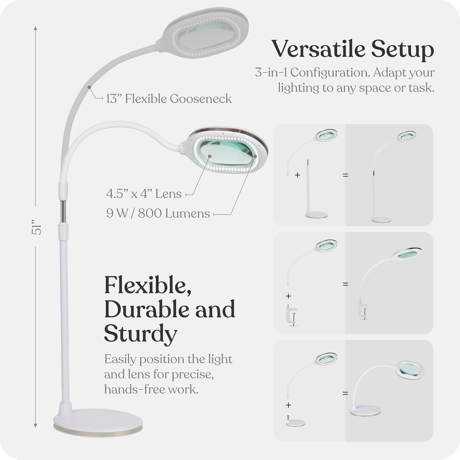 Brightech LightView Pro Magnifying LED Desk Lamp with Light, Hobbies & Reading, Flexibility & Durability Magnifying Floor Lamp, 3 in 1 LED Light Glass Magnifier, Work Light for Pro Uses - White