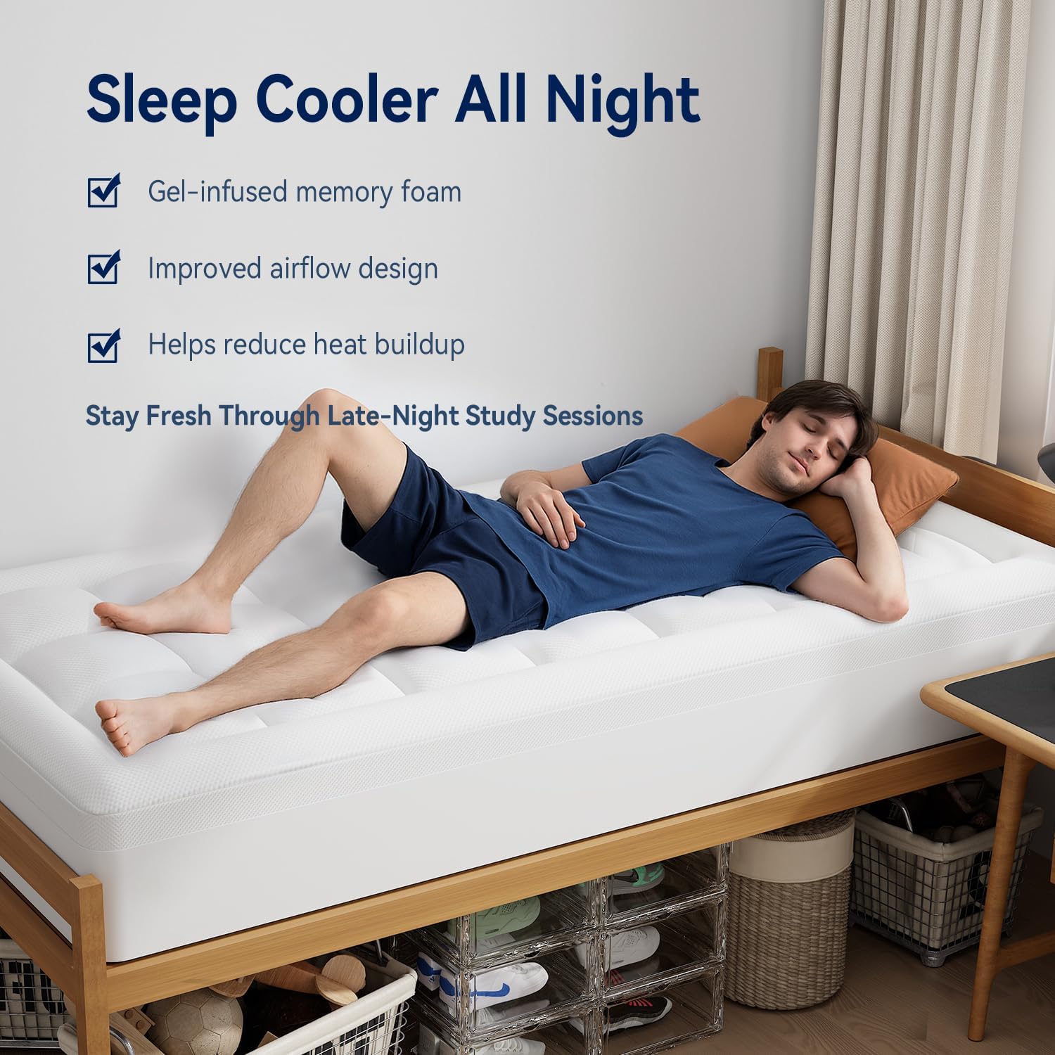 ELEMUSE Twin XL Dual Layer 3 Inch Memory Foam Mattress Topper for College Studends, Dorm Room Essentials, 2 Inch Cooling Gel Foam and 1 Inch Soft Pillow Top Bed Pad,Back to School Comfortable Support