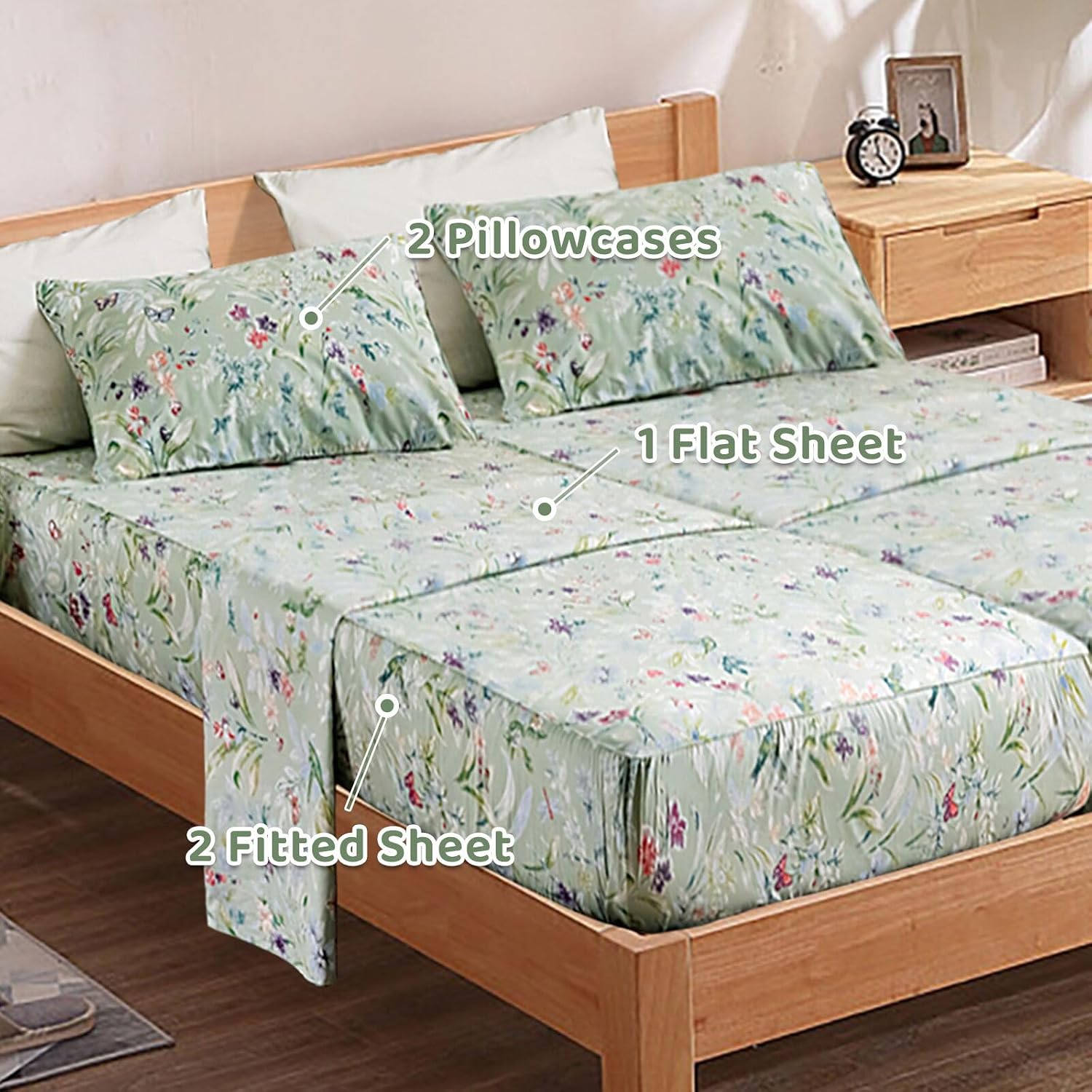 QSH 100% Cotton Sheets for Split King Size Bed, Pattern Botanical Luxury Cotton Printed Floral Bedding Sheets Soft and Breathable 5pcs Deep Pocket Queen Sheet Set