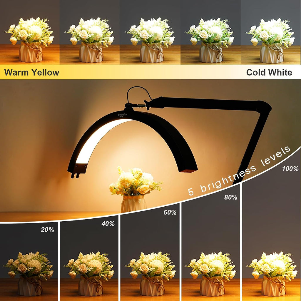 LED Half Moon Light with Desk Clamp, 30W Bright 288PCS LEDs, Metal Swing Arm for Beauty, Nail Art, Makeup, Facial Care, Tattoos, Sewing and Hand Craft DIY(Black)