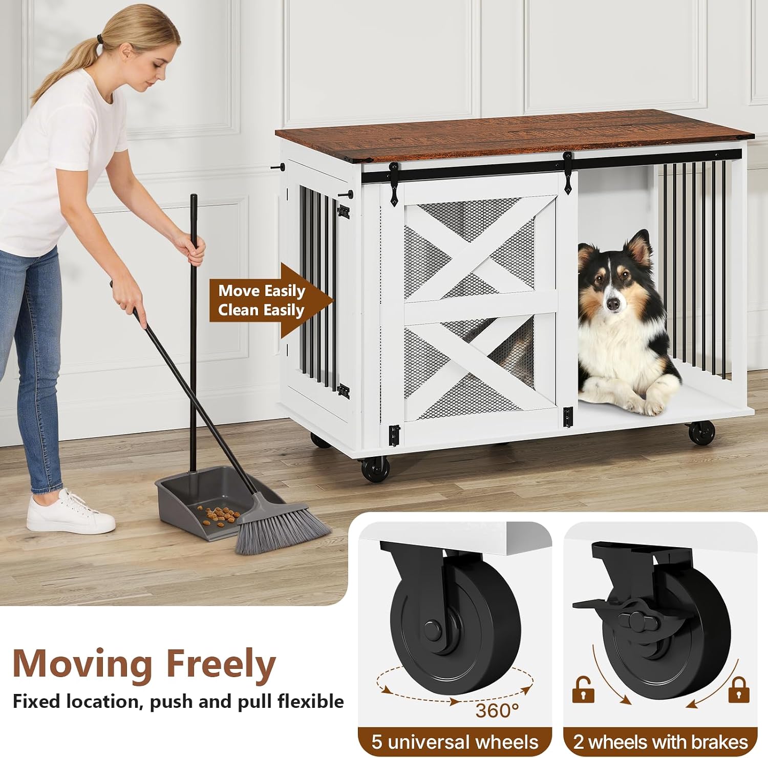 Yafylly 48 Inch XL Dog Crate, Wood XXL Dog Crate Furniture with Wheels, Flip-Top Feeding Door, Removable Divider, Farmhouse End Table Dog Crate with Sliding Barn Door, White