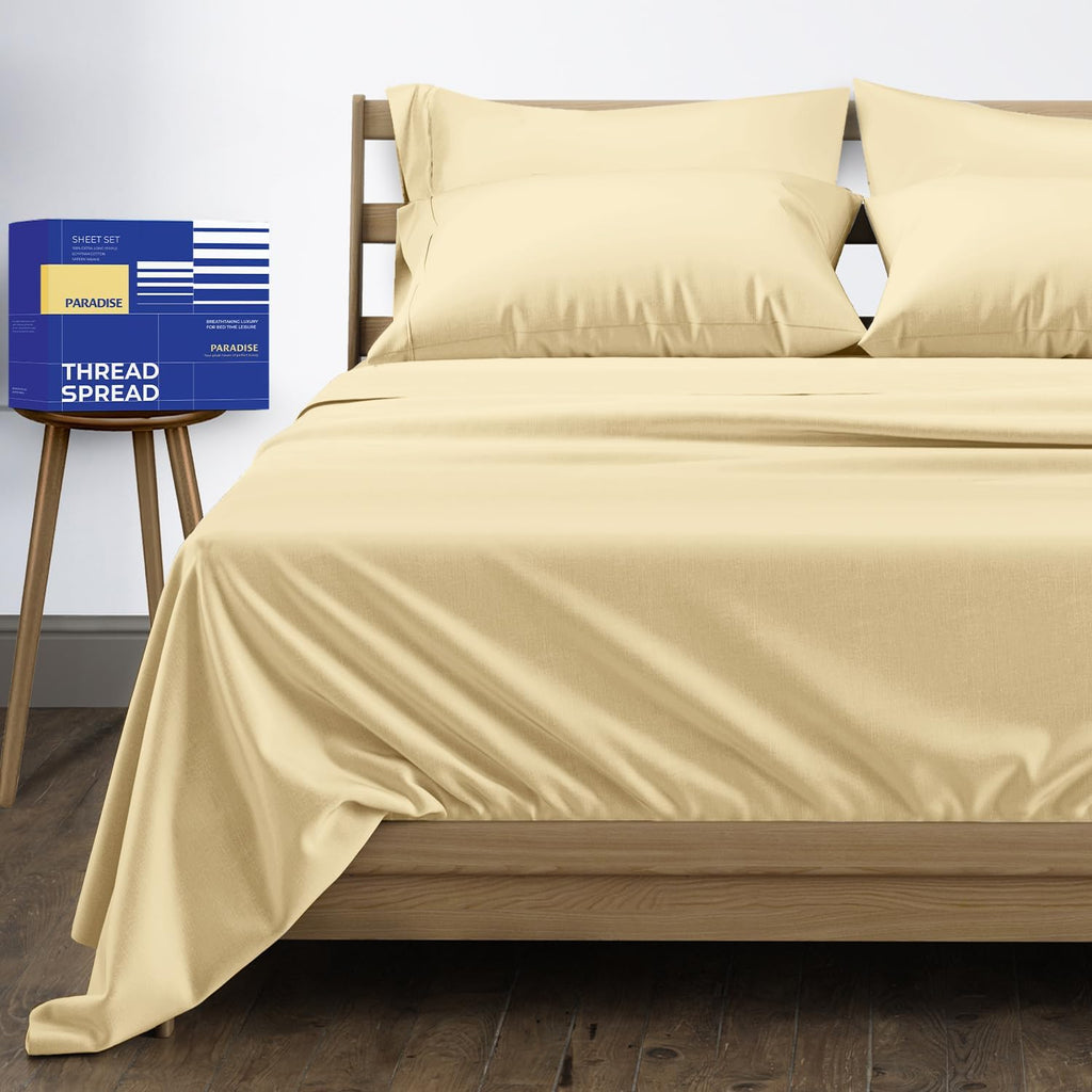 THREAD SPREAD Queen Sheet Set, Luxury 1000 Series Paradise Collection 100% Egyptian Cotton Bed Sheets Queen Size (6 PC, Sand), Silky Soft, Cooling, Sateen Weave, 16' Deep Pocket Hotel Sheet Set
