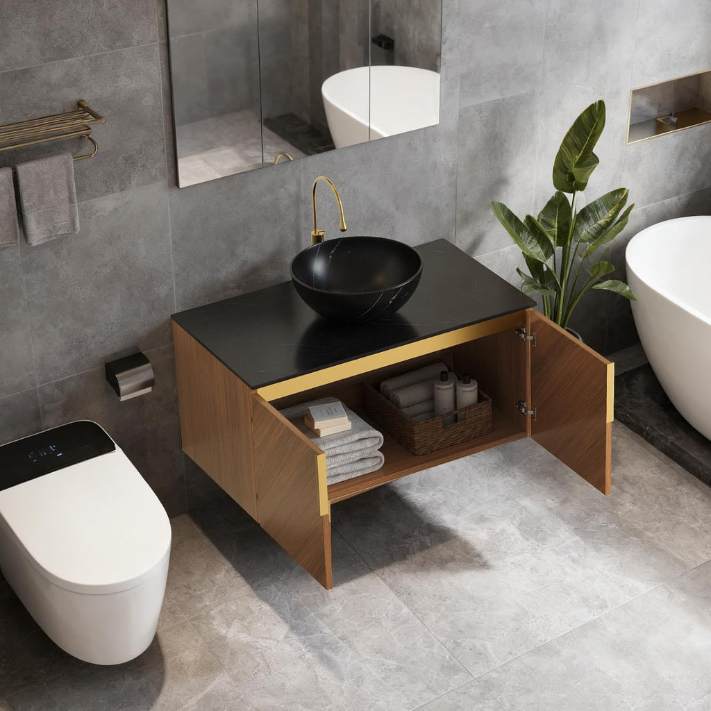 30' Floating Bathroom Vanity with Sink Combo, Modern Vanity with Vessel Sink, Wall-Mounted Plywood Bathroom Vanity Cabinet with Doors, Black Countertop and Round Basin,Brown Oak