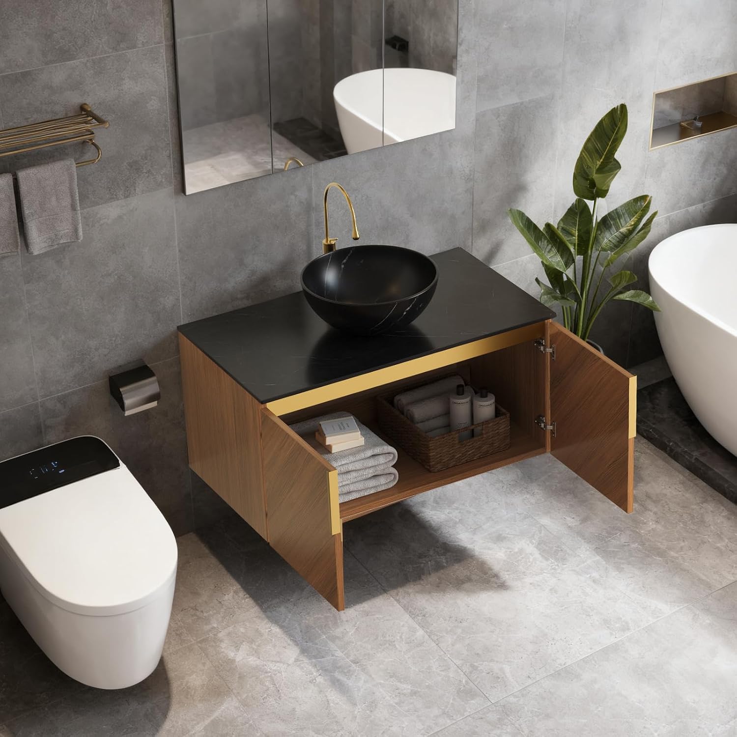 30' Floating Bathroom Vanity with Sink Combo, Modern Vanity with Vessel Sink, Wall-Mounted Plywood Bathroom Vanity Cabinet with Doors, Black Countertop and Round Basin,Brown Oak