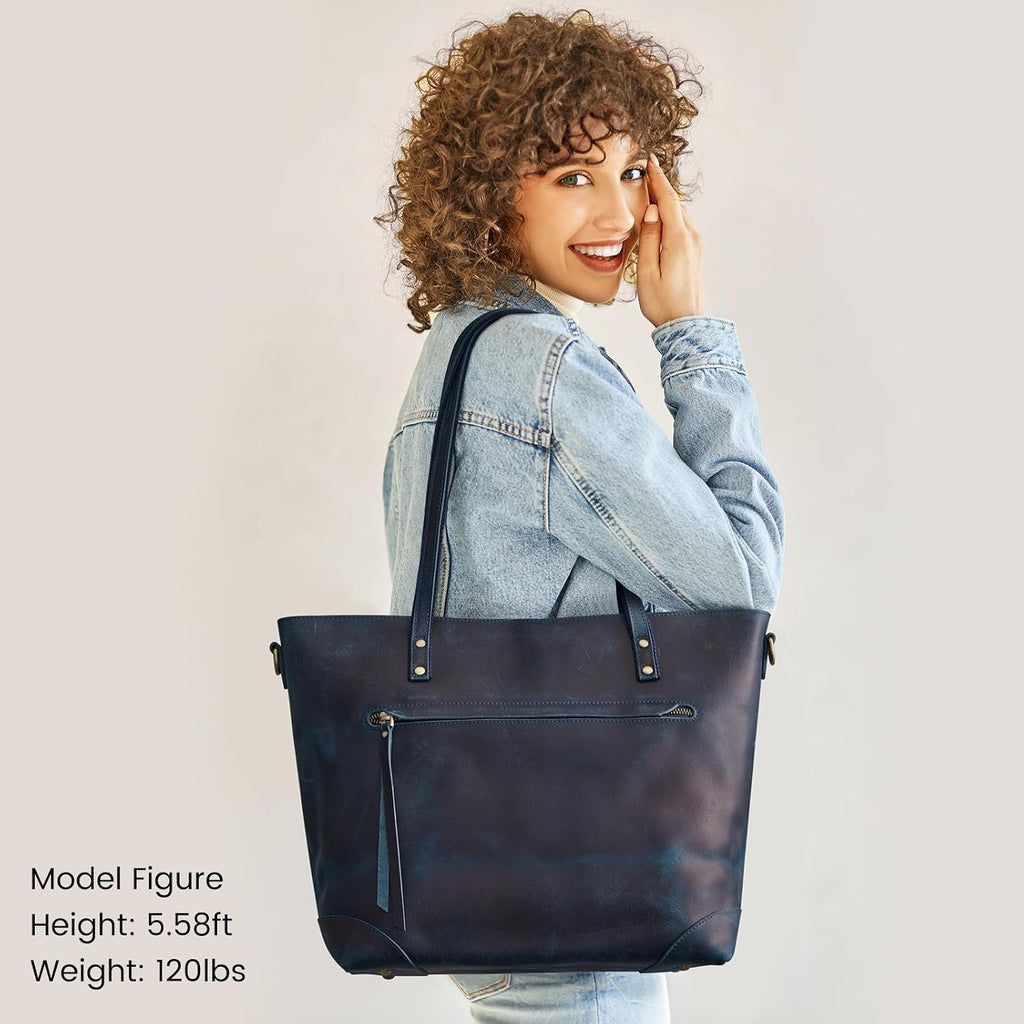 S-ZONE Vintage Genuine Leather Shoulder Bag Work Totes for Women Purse Handbag with Back Zipper Pocket Large
