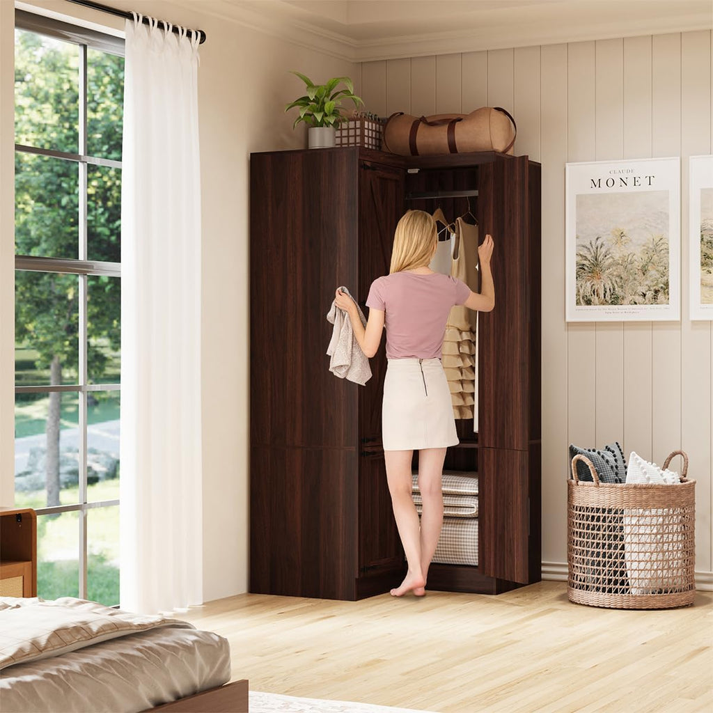 WERSMT 70' Corner Armoire Wardrobe Closet with Barn Door & Shelves, L Shaped Closet Bedroom Clothing Storage Cabinet for Hanging Clothes, Farmhouse Wooden Wardrobe Closets for Bedroom, Espresso