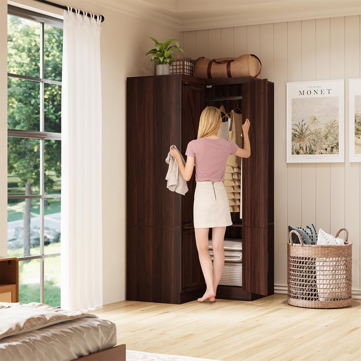 WERSMT 70' Corner Armoire Wardrobe Closet with Barn Door & Shelves, L Shaped Closet Bedroom Clothing Storage Cabinet for Hanging Clothes, Farmhouse Wooden Wardrobe Closets for Bedroom, Espresso