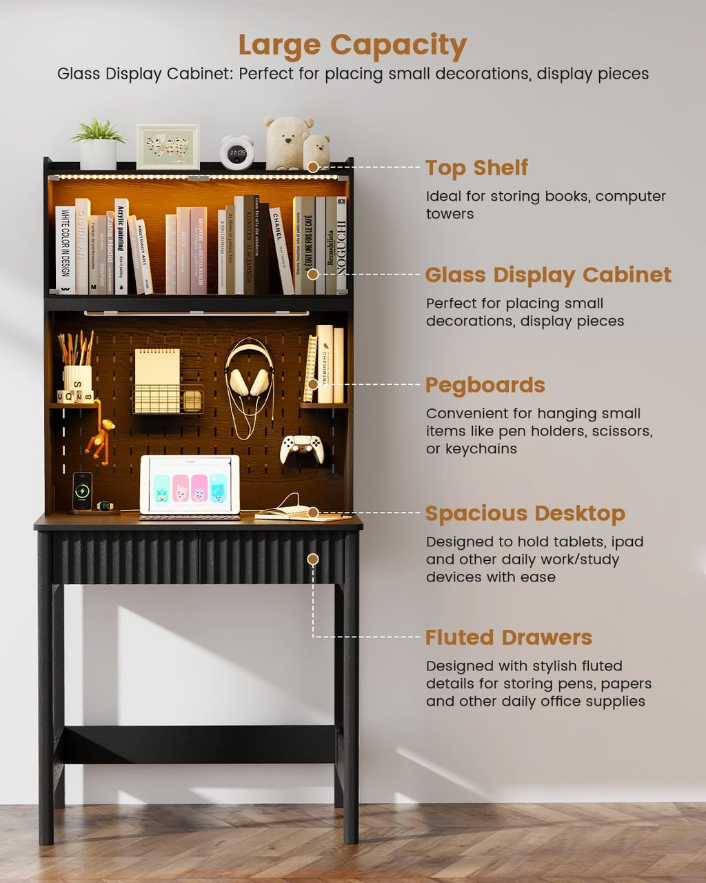 HNEBC Black Computer Desk - with Power Outlets & Chariging Station,Small Writing Desk with Hutch and Drawers,66.3''H Office Desk with Pull-Out LED Lights,Pop-up Glass Door,Pegboards,Bedroom
