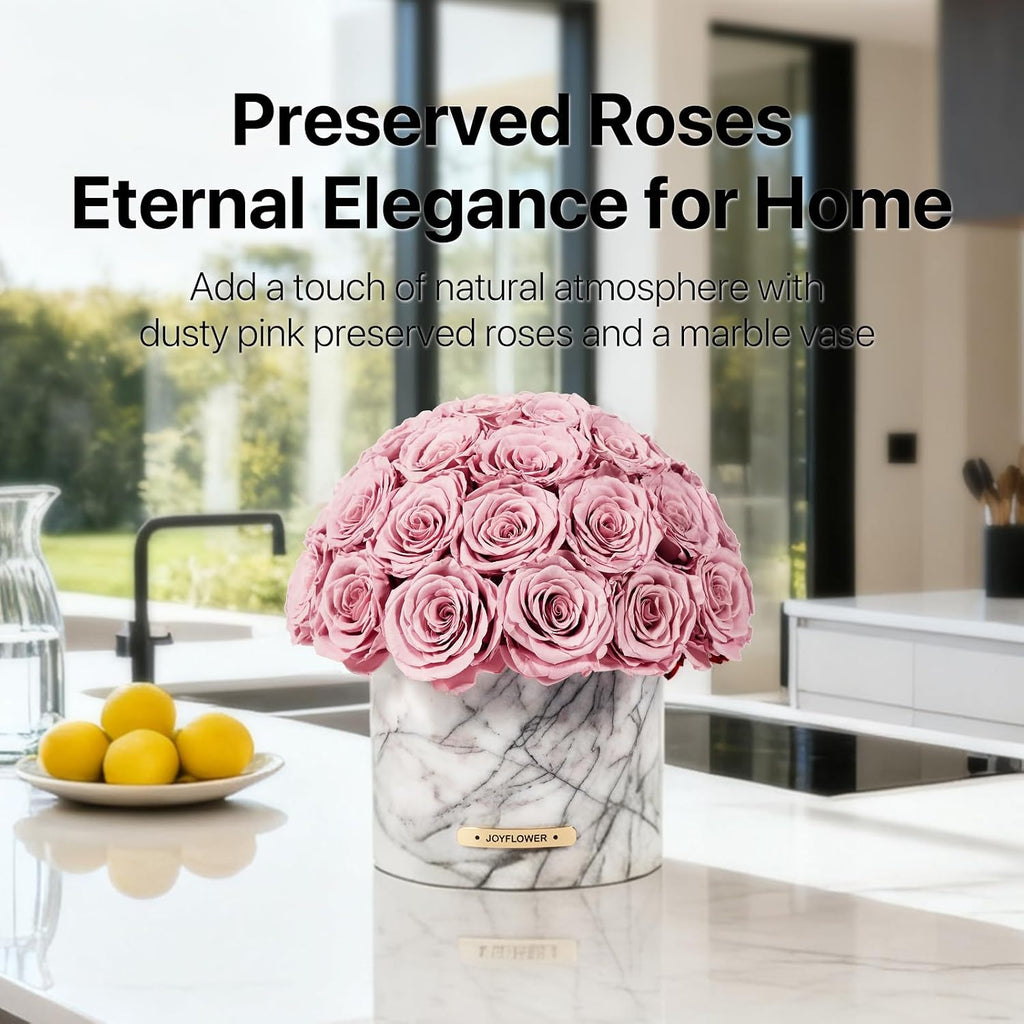 JoyFlower Preserved Flowers in Marble Vase, Snow Plum Marble Vase for Table Centerpiece, Pink Eternal Flower Decorations for Party Home Living Room Bedroom Shop House Hotel, Decorative Flower Decor