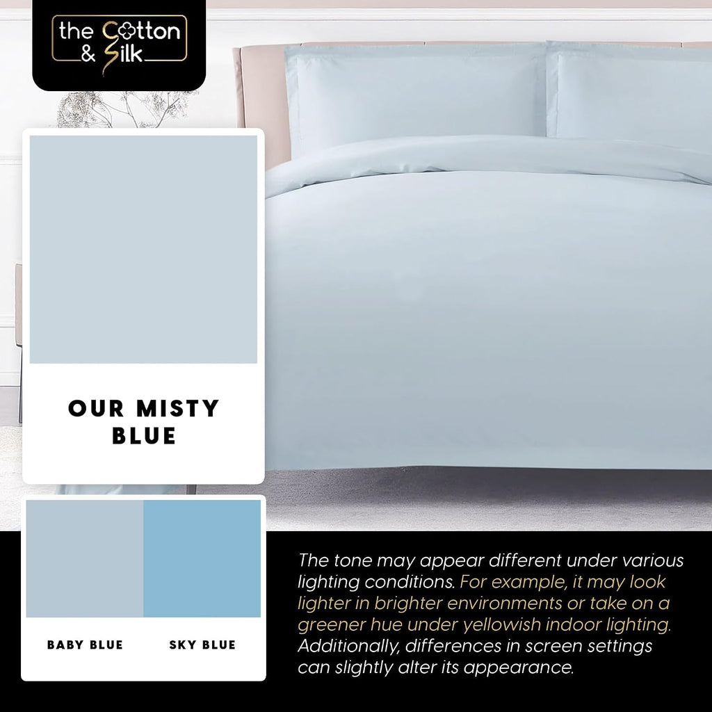 THE COTTON & SILK®️ 100% Luxury Long-Staple Cotton Duvet Cover Set - Soft & Breathable - Include 1 Duvet Cover with Corner Ties & Hidden Zipper, 2 Pillow Shams - White + Misty Blue, Queen Size