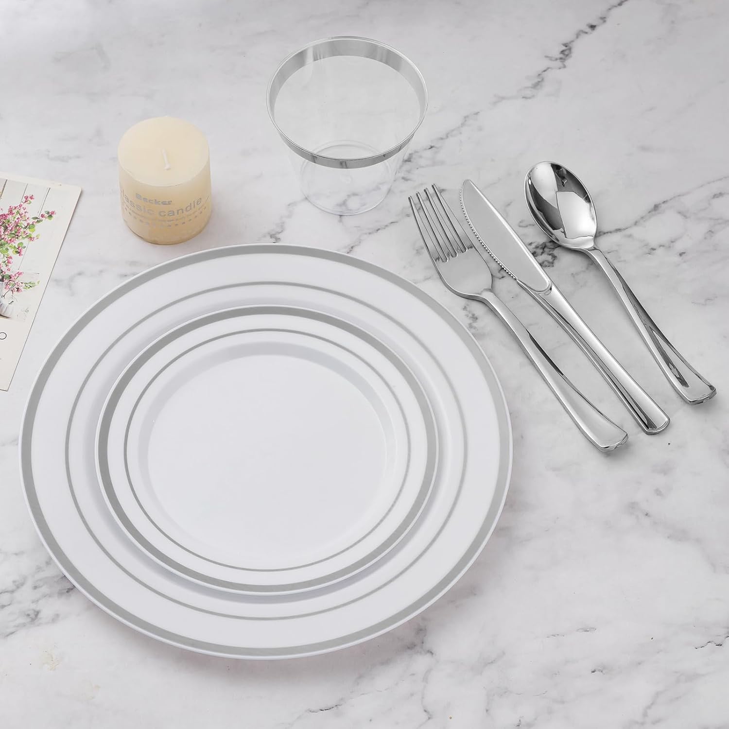 BESTVIP 900PCS Silver Dinnerware Set for 150 Guests, Plastic Plates for Party, 150 Silver Disposable Plates, 150 Dessert Plates, 150 Cups, 150 Spoons, 150 Forks and 150 Knives