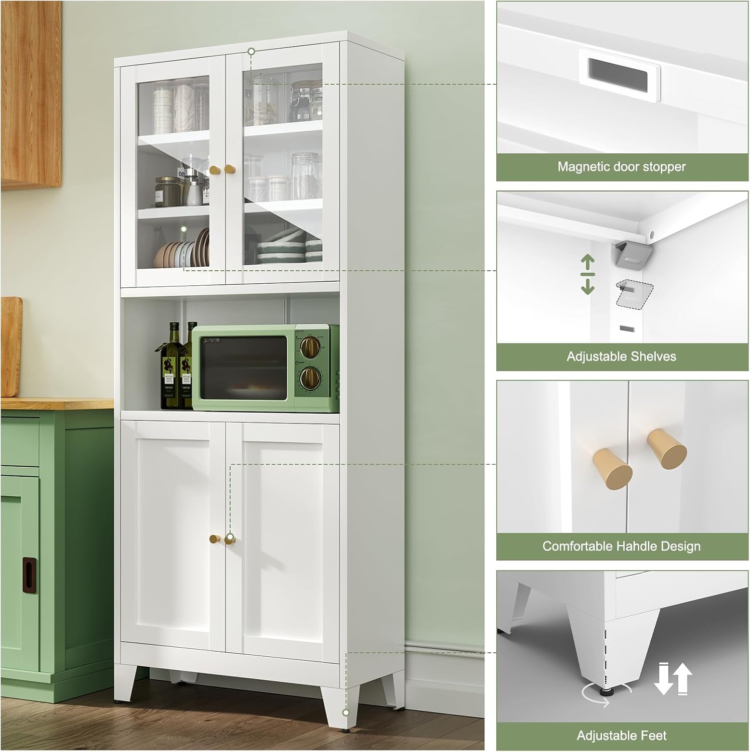 Bevivog 69' Pantry Cabinet,Tall Metal Storage Cabinet with 2 Glass Doors, Freestanding Display Cupboard Tall Bathroom Linen Cabinets with 5 Shelves Storage for Living Room Kitchen Pantry