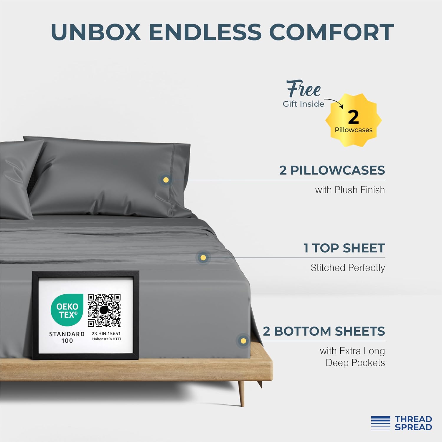 THREAD SPREAD 100% Egyptian Cotton Split King Sheets Sets for Adjustable Bed - 1500 Series Split Top King Sheets (5 PC, Dark Grey), Silky Soft, Sateen, Cooling & Breathable, 17' Deep Pocket Bed Set