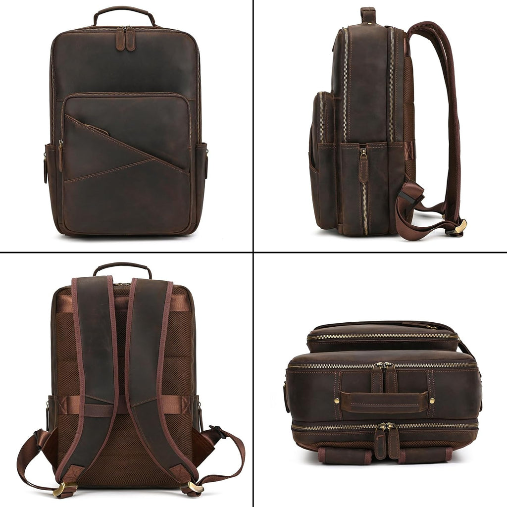 Vintage Full Grain Leather Backpack for Men, 16' Laptop Rucksack For Men Hiking Trave Work Business Bag, Dark Brown